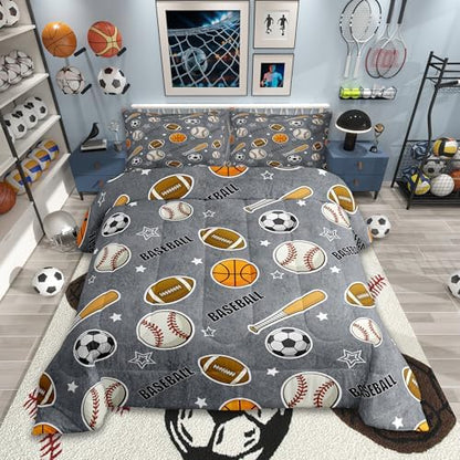 Boys Ball Sports Themed Comforter Set Full Size Baseball Bat Soccer and American Football Bedding Set 3pcs Kids Teens Cartoon Grey Quilt Set Ball Sports Games Duvet Insert Modern Bedroom Decor
