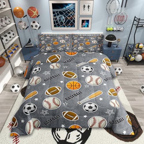 Boys Ball Sports Themed Comforter Set King Size Baseball Bat Soccer and American Football Bedding Set 3pcs Kids Teens Cartoon Grey Quilted Duvet Ball Sports Games Bedspread Modern Bedroom Decor