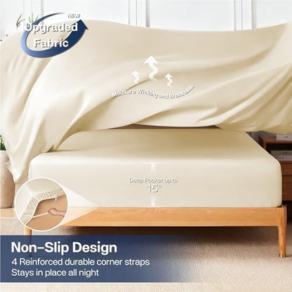 MR&HM Queen Sheets 4 Pieces, Rayon Derived from Bamboo Blend, Cream