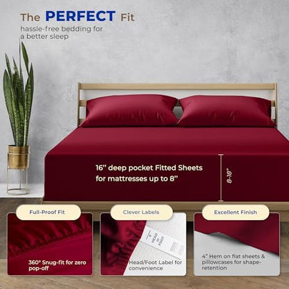 THREAD SPREAD California King Bed Sheets, Luxury 1000 Series Paradise Collection 100% Egyptian Cotton Cal King Sheets Set (4 PC, Burgundy), Silky Soft, Cooling, 16" Deep Pocket Hotel Sheet Set