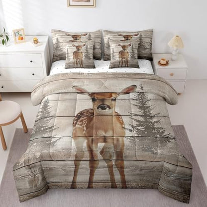 Erosebridal Rustic Elk Deer 7 Piece Bedding Set Queen Jungle Wildlife Sika Deer Comforter Set Vintage Wooden Board Bed in a Bag Watercolor Forest Sheet Set with Comforter Pine Tree Home Decor