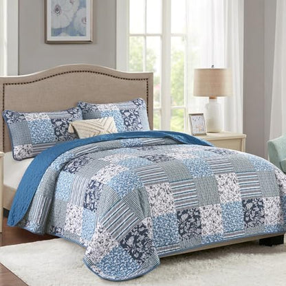 Mybedsoul King Size Quilt, Boho Patchwork Floral Bedding Set, Navy Blue