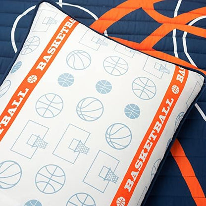 Lush Decor Basketball Game Reversible Quilt Queen Size 5 Piece Set, Full/Queen Navy - Kids Bedding Set - Queen Size Quilt - Sports Décor