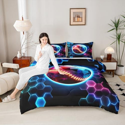 Erosebridal Baseball Bedding Sets Full - 3D Glitter Ball Pattern Comforter Set for Kids Adults Colorful Neon Honeycomb Duvet Insert Geometric Hexagon Quilt