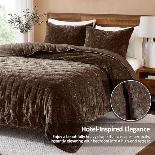 WDCOZY Cloud Soft King Size Quilt Set, Chocolate Brown Chenille Velvet