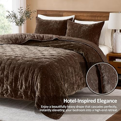 WDCOZY Cloud Soft King Size Quilt Set, Chocolate Brown Chenille Velvet