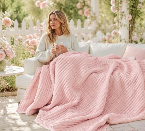 Wonderful 2PC Twin Size Textured Quilt Set - All Season Crinkle Voile Coverlet, Soft Puckered Grid Faux Hand-Quilted Bedspread, Lightweight Wrinkle-Resistant Pink Bedding with 1 Sham, 68"x88"