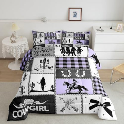 Western Cowgirl Bow Comforter Set King Size,Cactus Horseshoes Cowgirl Boot Bedding Set,Girls Women Room Decor,Cow Skull Geometric Plaids Patchwork Down Comforter,Rustic Duvet Insert,2 Pillowcases