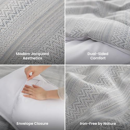 SLEEP ZONE Comforters Full Set, Wave Stripe Boho Bedding Set Gray 3 Pcs
