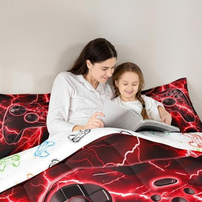 Erosebridal Gaming Comforter Set Gamer Girl Toddler Bedding Set, Retro Game Console Comforter Red Lightning Quilt,Kids Bedroom Decor