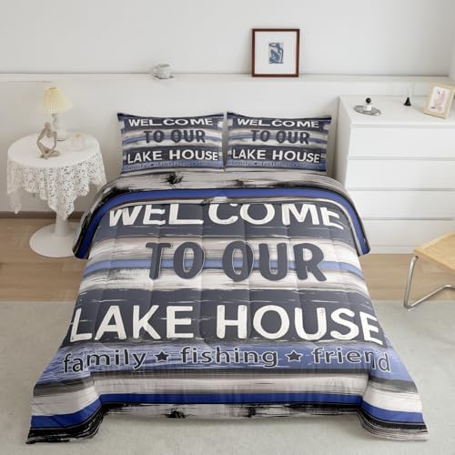 Manfei Lake House Comforter Set Toddler Size, Rustic Cabin Lake Life Bedding Set 2pcs, Farmhouse Wooden Plank Down Comforter for All Season, Kids Boys Teen Room Decor, 1 Pillowcase, No Sheets