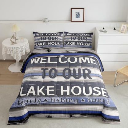 Manfei Lake House Comforter Set Toddler Size, Rustic Cabin Lake Life Bedding Set 2pcs, Farmhouse Wooden Plank Down Comforter for All Season, Kids Boys Teen Room Decor, 1 Pillowcase, No Sheets