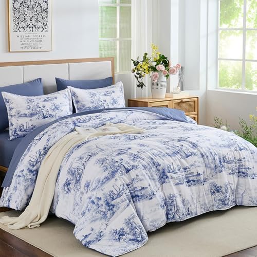WONGS BEDDING Blue Comforter Set King, 7 Pieces Bed in a Bag Farmhouse Comforter with Sheets, French Toile Bedding Set, Soft Lightweight Microfiber Botanical Print Complete Bed Set for All Season