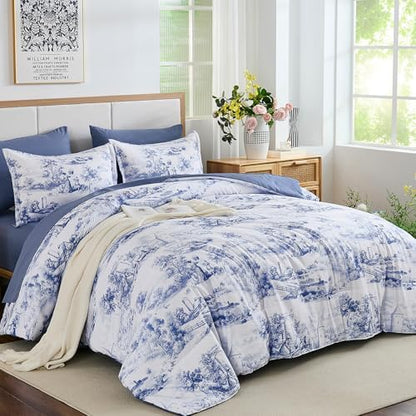 WONGS BEDDING Blue Comforter Set King, 7 Pieces Bed in a Bag Farmhouse Comforter with Sheets, French Toile Bedding Set, Soft Lightweight Microfiber Botanical Print Complete Bed Set for All Season