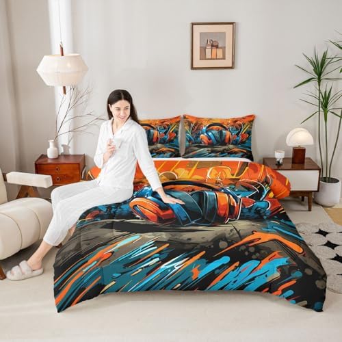 Erosebridal Gaming Headset Comforter Set Graffiti Gamer King Bedding Set for Adult Men Doodle Style Comforter Gaming Headphones Duvet Insert