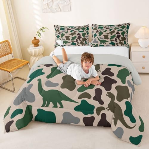 Manfei Army Green Camo Comforter Set Full Size,Dinosaur Camouflage Bedding Set 3pcs,Wild Animals Theme Down Comforter for All Season,Kids Boys Girls Room Decor,2 Pillowcases,No Sheets