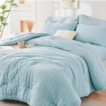 HYMOKEGE Lake Blue California King Comforter Set Seersucker 7 Pieces, All Season Luxury Bed in a Bag for Bedroom, Bedding Set with Comforters, Sheets, Pillowcases & Shams
