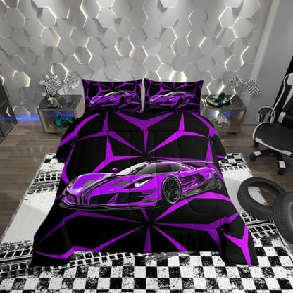 Castle Fairy Purple Race Car Comforter Set Full Size,Abstract Art Racing Car Duvet Sets for Kids Teens Adults Bedroom Decor,Extreme Sports Ultra Soft Bedding Comforter,3 Pcs