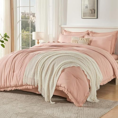 Andency Oversized King Comforter Set, 7 Pieces Pink Bedding
