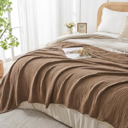 EMME Muslin Blankets for Adults Throw Blanket for Couch Breathable Gauze Soft Lightweight Airy Brown Throw 50" x 60"