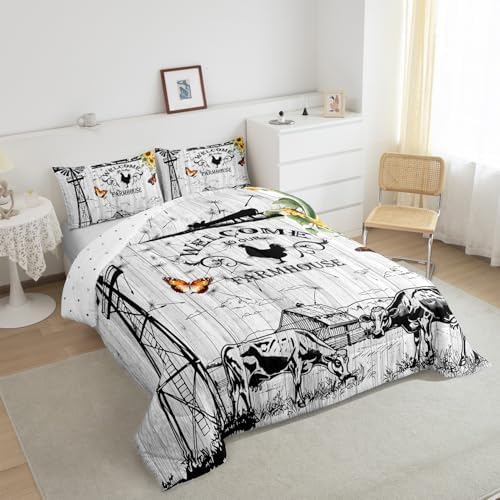 Erosebridal Windmill Bedding King Size, Rustic Farmhouse Comforter Set Retro Vintage Windmill Bedding Comforter Sets, Wooden Planks Barn Door Down Comforter with 2 Pillowcases for All Season