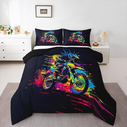 Feelyou Motocross Comforter Set King Dirt Bike Bedding Set for Kids Boys Girls Colorful Splatter Art Duvet Quilt Motorcycle Bedroom Decor Extreme Sports Microfiber 3 Pcs with 2 Pillow Cases