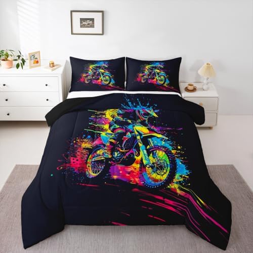 Feelyou Motocross Comforter Set Full Dirt Bike Bedding Set for Kids Boys Girls Colorful Splatter Art Duvet Quilt Motorcycle Bedroom Decor Extreme Sports Microfiber 3 Pcs with 2 Pillow Cases