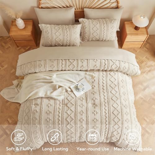 MR&HM Twin XL Comforter Set 5 Pieces Beige, Boho Tufted Bed Set for Dorm