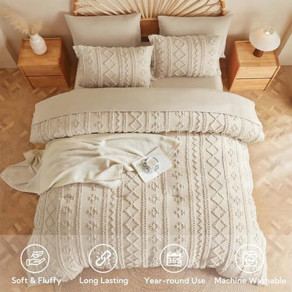 MR&HM 7 Pieces Comforter Set Full, Tufted Boho Farmhouse Bed Set Beige