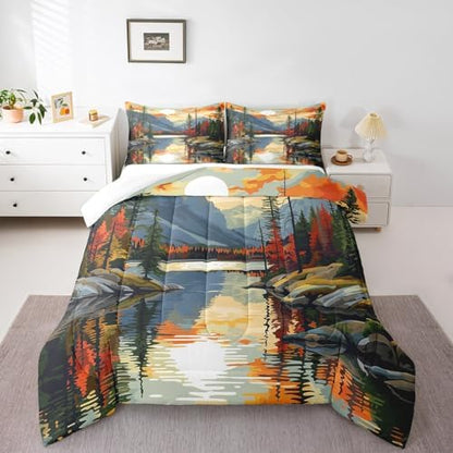 Sunset Lake House Comforter Set Full Size,Tree Branch Woodland Bedding Set for Kids Teens Adults Room Decor,Natural Scenery Retro Quilt Set,Camping Adventure Theme Duvet Insert 3Pcs,2 Pillowcases