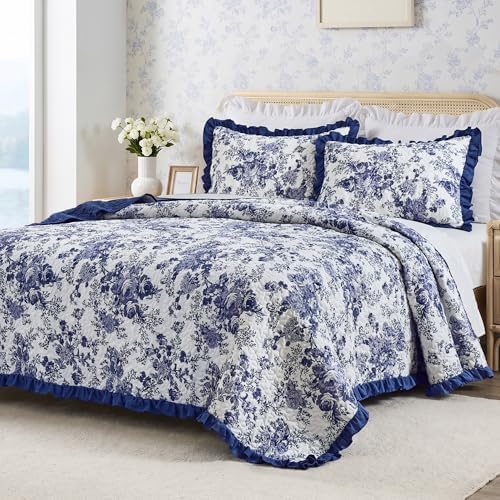 Wonderful Blue Floral Ruffle Quilt Set King Size, 3 Pieces Botanical Cotton Face Shabby Chic Cottagecore Bedspread Coverlet, Breathable Bedding Set for All Season, 104"x90"