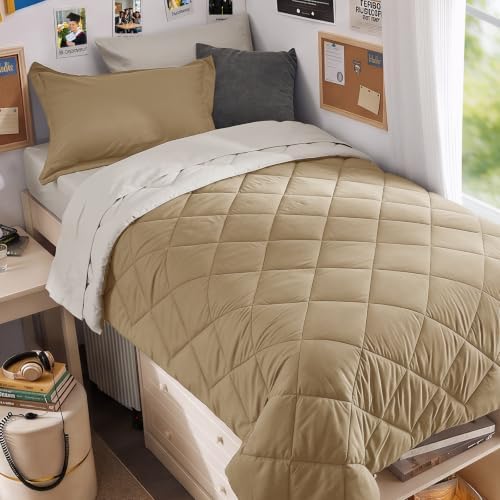 MUXHOMO 5 Pieces Twin XL Comforter Set, Reversible Bed in a Bag Twin XL Size, All Season Bedding Set with Comforter, Flat Sheet, Fitted Sheet, Pillowcases & Shams, Khaki & Linen