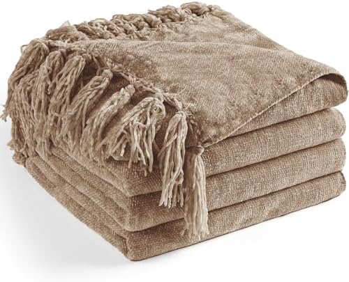 Chenille Throw Blanket for Couch 50" x 60", Taupe
