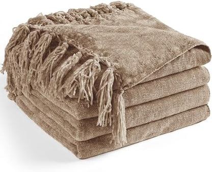 Chenille Throw Blanket for Couch 50" x 60", Taupe