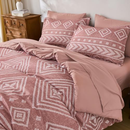 Yiran Boho Comforter Set King Size, 7 Pieces Aztec Blush Bed in a Bag