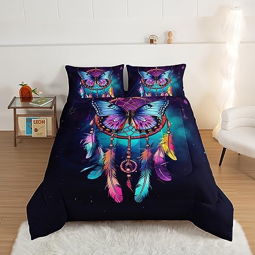 HOSIMA Dream Catcher Comforter Set 3Pcs,Boho Comforter Full Size for Teens Adults Girls Room Decor Native American Gypsy Butterfly Bedding Indian Hippie Feather Comforter.
