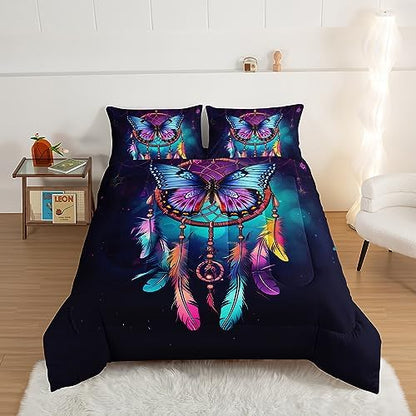 HOSIMA Dream Catcher Comforter Set 3Pcs,Boho Comforter Full Size for Teens Adults Girls Room Decor Native American Gypsy Butterfly Bedding Indian Hippie Feather Comforter.