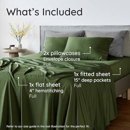 Bambaw Full Sheet Set 4pcs – 100% Viscose Derived from Bamboo Sheets Full Size Set, Cooling Bed Sheets for Hot Sleepers, with Elastic Corner Straps (Olive)
