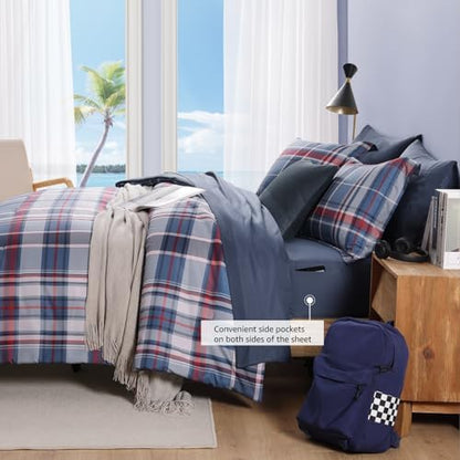 Plaid Queen Comforter Set Navy Red 7 Pieces Farmhouse Bed in a Bag
