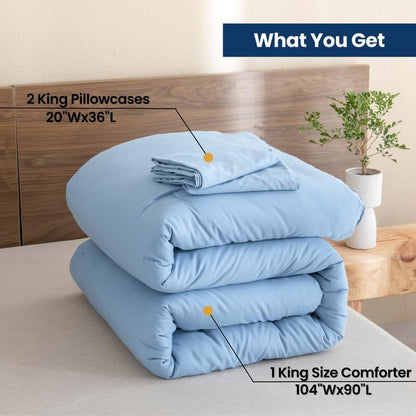 Paxrac Dusty Blue King Comforter Set, 3 Pieces Lightweight Solid Bedding Set, Soft Fluffy Comforter, All Season Bed Set (104"x90" Comforter & 2 Pillowcases)