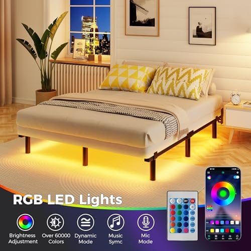 Full Bed Frame with LED Lights, 7 Inch Heavy Duty Metal Base for Box Spring