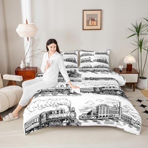 Manfei Train Comforter Set - Twin Size Retro Steam Locomotive Down Comforter with 1 Pillowcase - Vintage Train Bedding Set 2pcs for Kids Boys Adults Bedroom Decor - Lightweight Duvet Insert