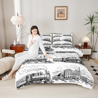 Manfei Train Comforter Set - Twin Size Retro Steam Locomotive Down Comforter with 1 Pillowcase - Vintage Train Bedding Set 2pcs for Kids Boys Adults Bedroom Decor - Lightweight Duvet Insert