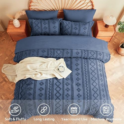 MR&HM King Size Comforter Set 7 Pieces, Boho Tufted Bedding Set Navy Blue