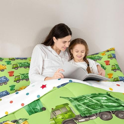 Erosebridal Boys Garbage Trucks Queen Comforter Set, Trash Truck Bedding Set, Cartoon Car Comforter for Teens Men Kids Room Decor, Colourful Trash Cans Green Quilt with 2 Pillowcases, 3 Piece