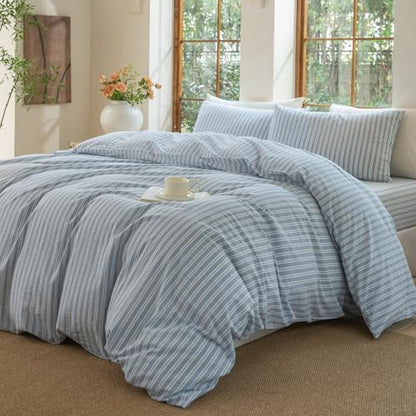 Striped Duvet Cover Set Full Size 3 Piece 100% Washed Cotton Linen Feel Bedding Comfy Breathable Modern Farmhouse (Full, Double Stripe-Light Blue/White)