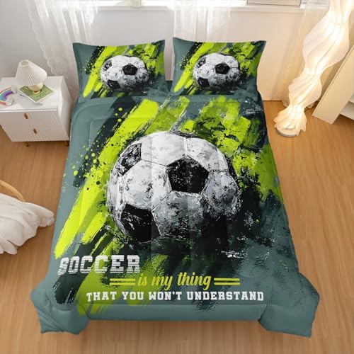 Nttopship Sports Soccer Comforter Set King Size,Green Soccer Ball Bedding Sets 3PCS for Kids Teen Adult Sports Room Decor Ultra-Soft Lightweight Microfiber 1 Comforter with 2 Pillowcases