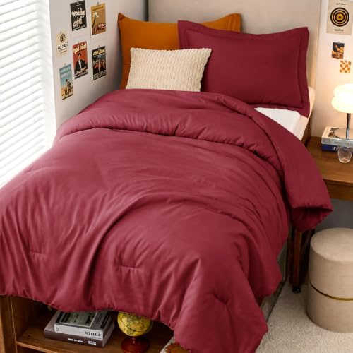 MUXHOMO Twin/Twin XL Comforter Set, All Season Ultra Soft Down Alternative Bedding - 3 Piece Lightweight Bed Set Includes 1 Comforter (68"x88") and 1 Pillow Shams (20"x26"), Burgundy Red