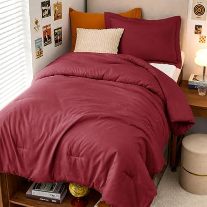MUXHOMO Twin/Twin XL Comforter Set, All Season Ultra Soft Down Alternative Bedding - 3 Piece Lightweight Bed Set Includes 1 Comforter (68"x88") and 1 Pillow Shams (20"x26"), Burgundy Red