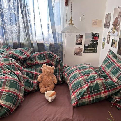 mixinni Vintage Green Buffalo Plaid Washed Cotton Duvet Cover Twin - Soft Breathable Textured Bedding Set with Zipper Closure for All Seasons-1 Duvet Cover + 2 Pillow Shams-Twin Size